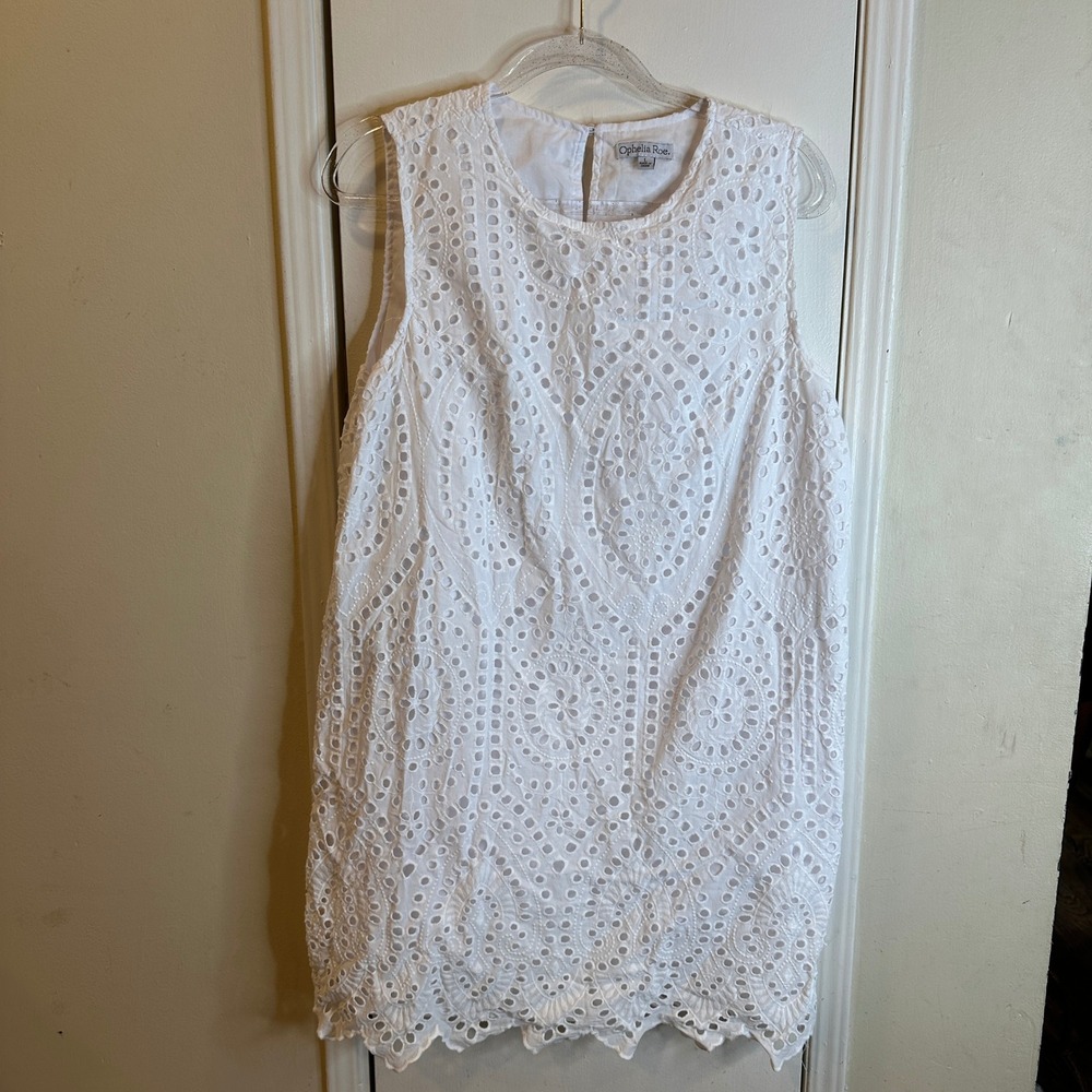 White Eyelet Lace Sleeveless Shift Dress Scalloped Hem Large Travel Feminine